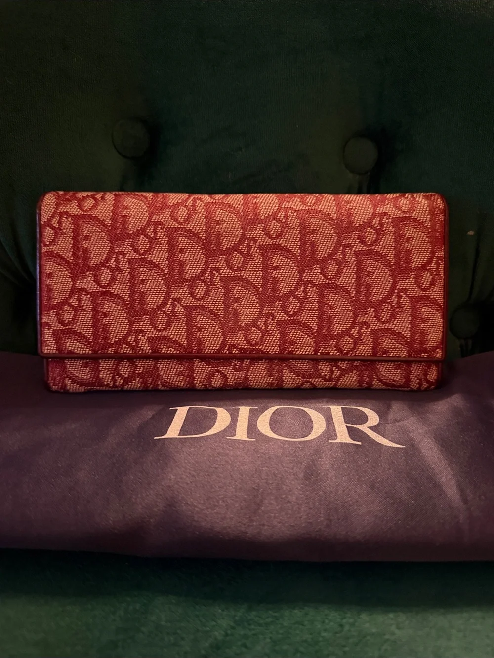 Dior Vintage Trotter Burgundy Continental Kisslock Wallet with Navy Dust Bag